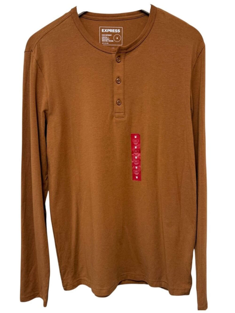 EXPRESS Henley Shirt Size Medium Mens Rust Orange Long Sleeve Tee Casual NWT